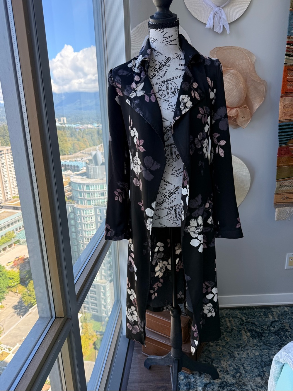 Black Floral Drape Front Women's Coat/duster Size M